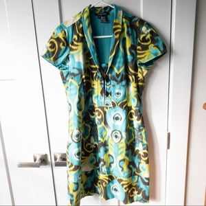 Etcetera Blue Green Brown White Pattern Short Sleeve Dress Size 6